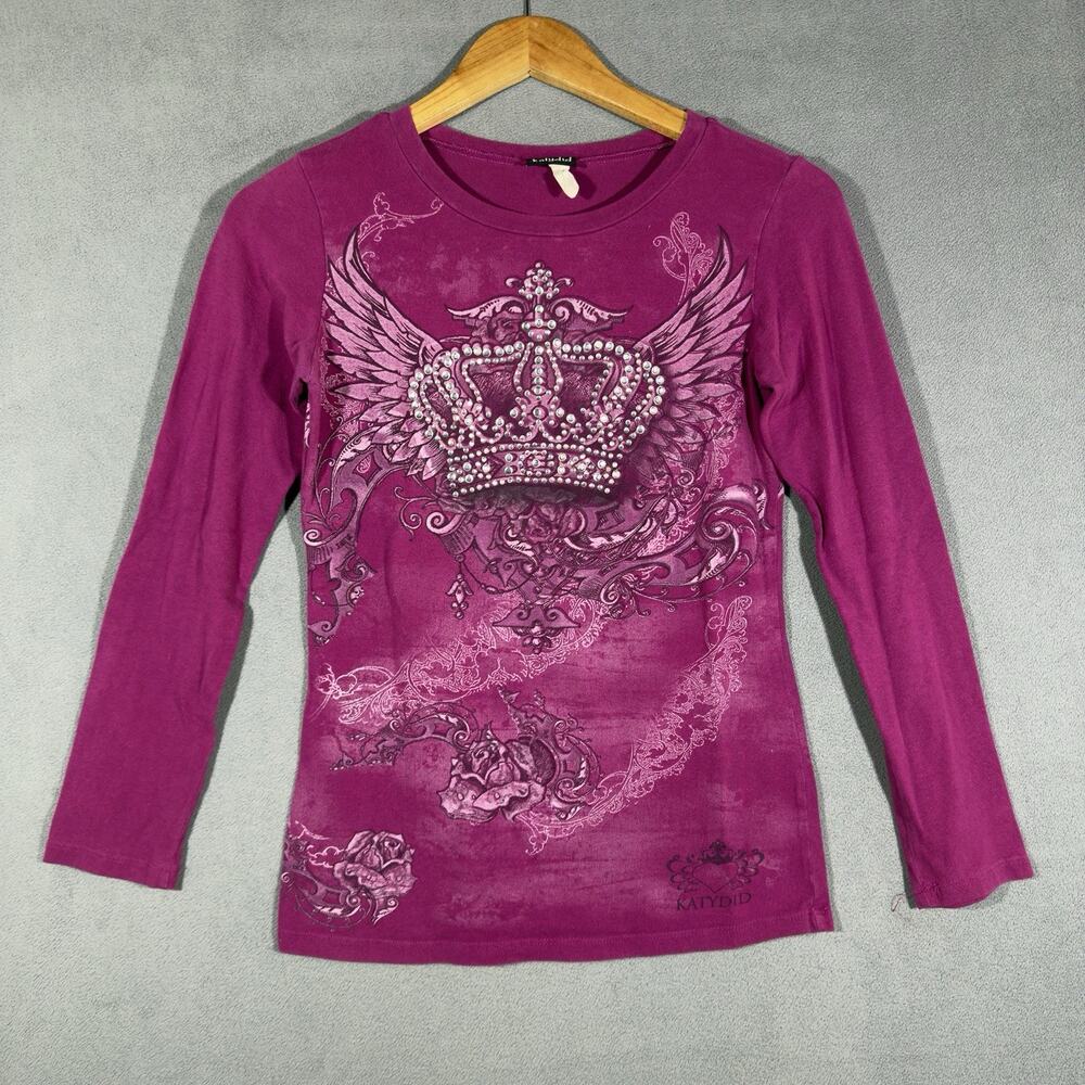 Katydid Rhinestone Crown Wing Graphic Long Sleeve Top Women’s S Pink Purple Y2K
